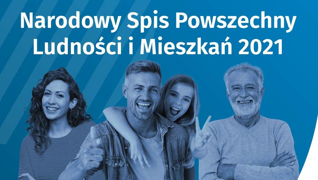 Na zdjęciu czworo ludzi i napis Narodowy Spis Powszechny Ludności i Mieszkań