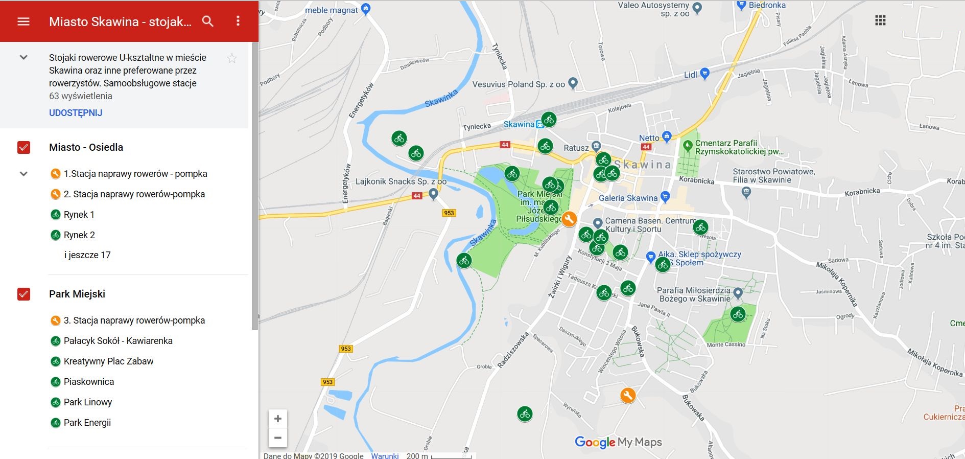 Mapa stojaków rowerowych w Skawinie