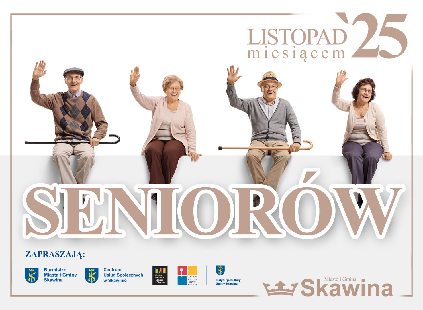 Grafika przedstawiająca radosnych seniorów oraz logotypy instytucji miejskich