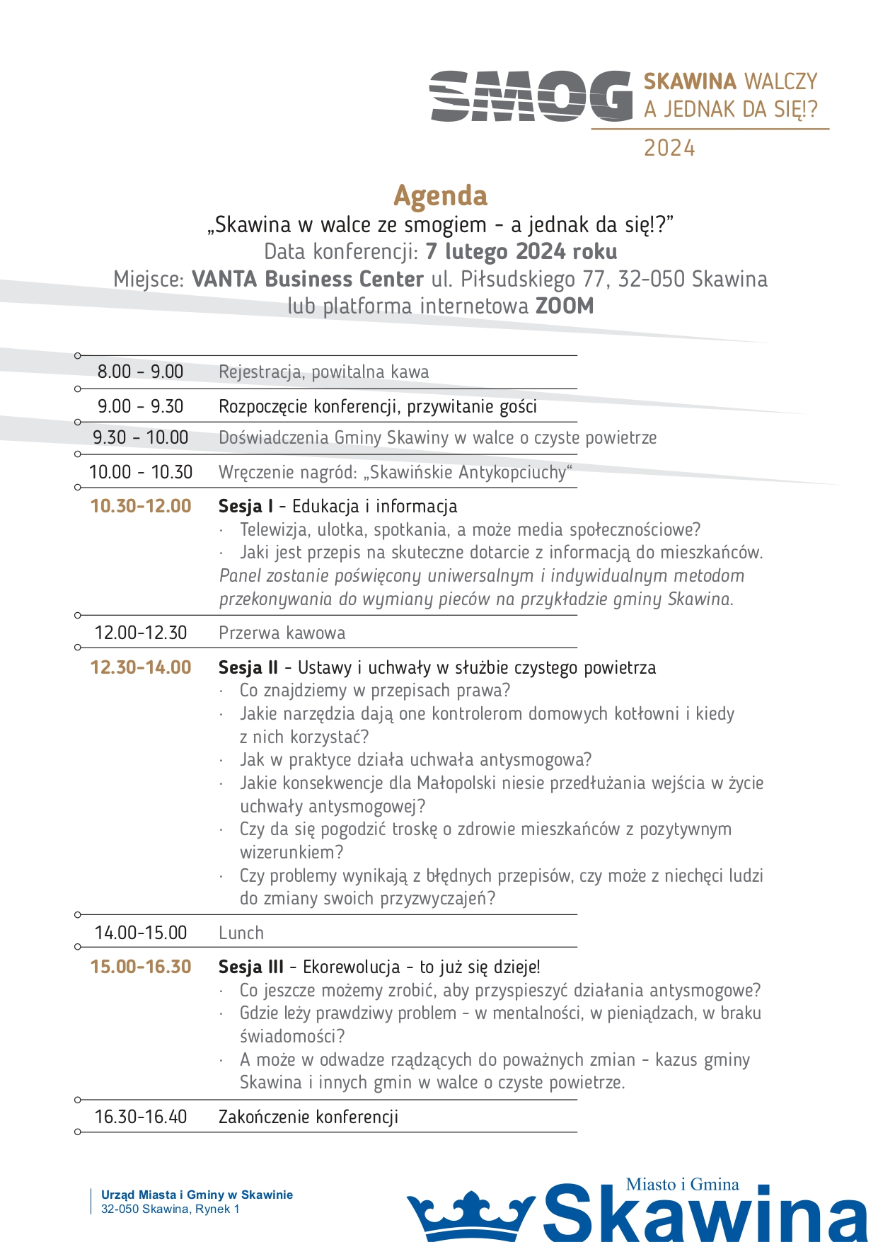 Agenda konferencji SMOG w Skawinie, 7 lutego 2024. Pełna treść z grafiki znajduje się w załączniku poniżej.