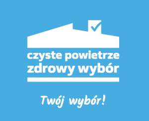 Logotyp programu z napisem Czyste Powietrze zdrowy wybór. Twój wybór!