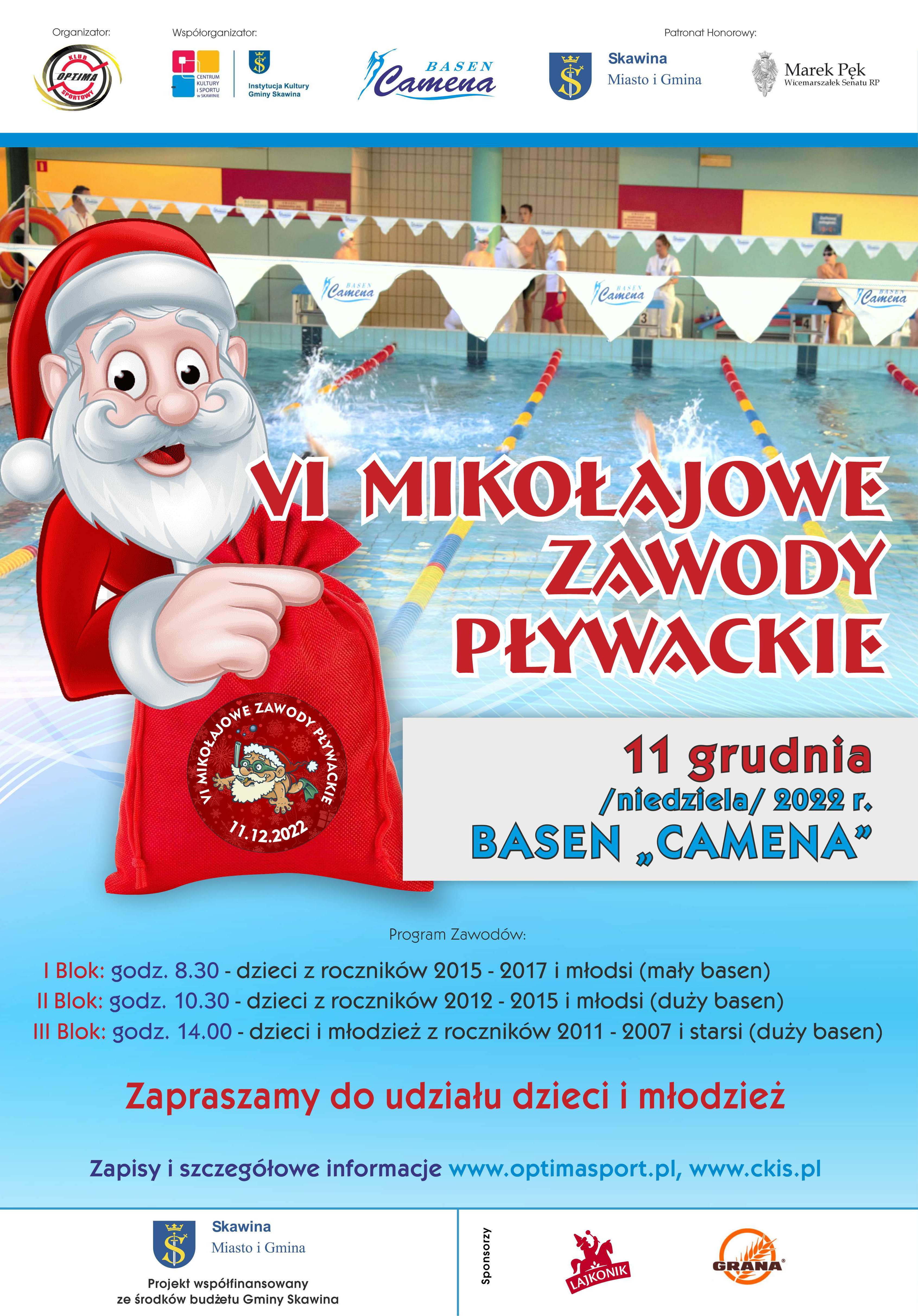 Plakat VI Mikołajkowych Zawodów Pływackich. Wszystkie informacje znajdują się w załączniku do artykułu.