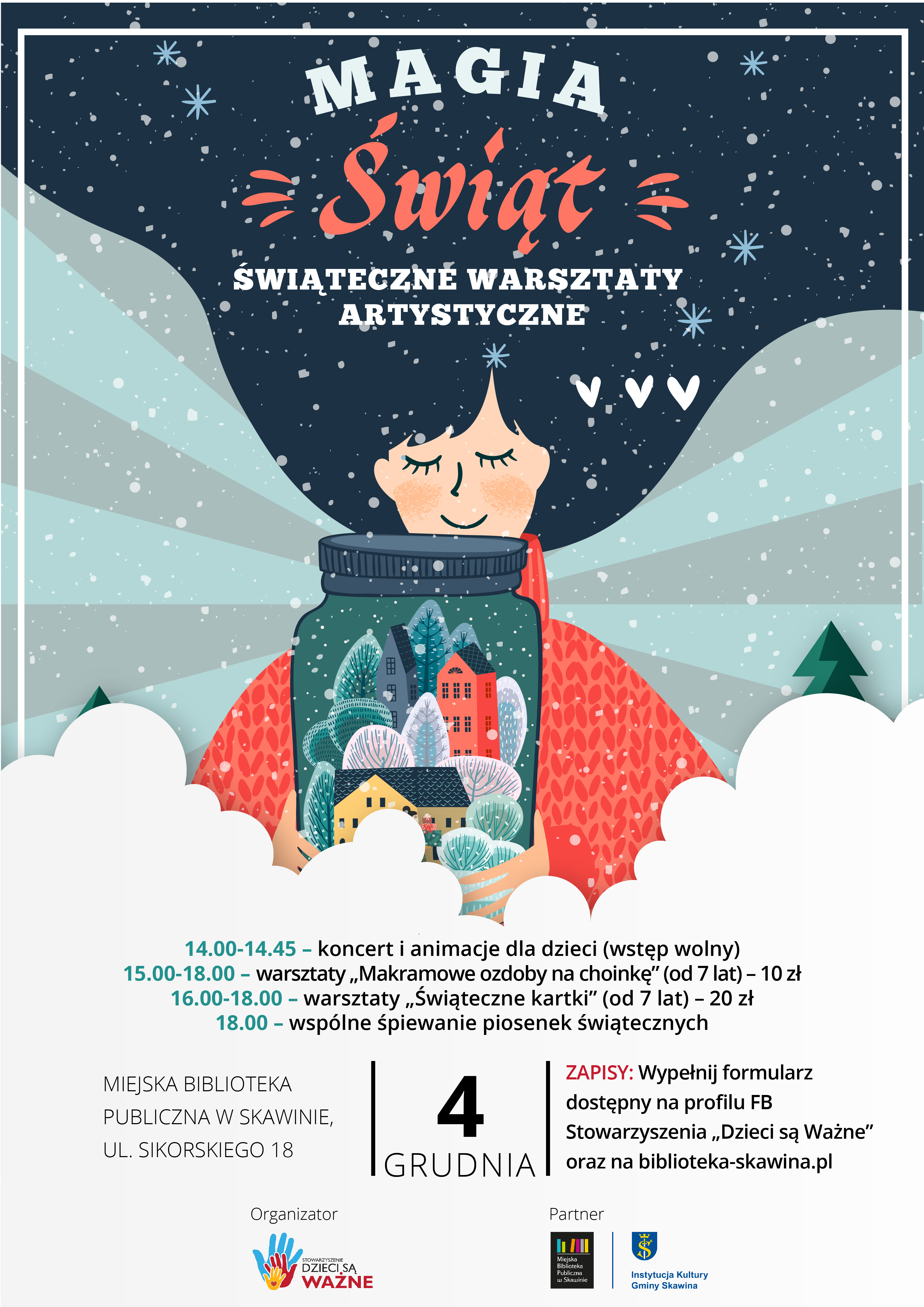 Plakat warsztatów bożonarodzeniowych, które odbędą się 4 grudnia o godzinie 14:00, w Miejskiej Bibliotece Publicznej w Skawinie. Harmonogram: koncert i animacje dla dzieci, warsztaty "Makramowe ozdoby na choinkę", warsztaty "Świąteczne kartki", wspólne śpiewanie piosenek świątecznych. Na spotkanie można się zapisać przez formularz, który znajduje się pod linkiem: https://biblioteka-skawina.pl/magia-swiat-swiateczne-warsztaty/