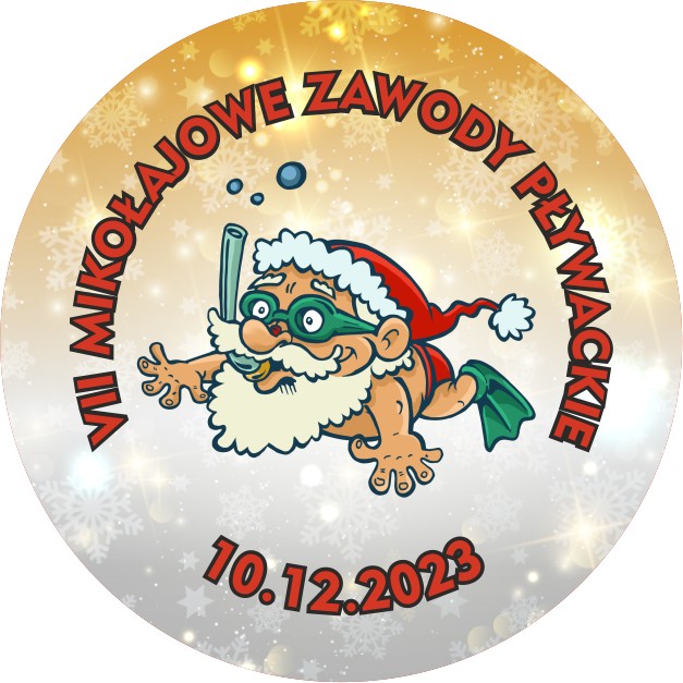 VII Mikołajkowe zawody Pływackie 10.12.2023 r. grafika przedstawiająca pływającego Świętego Mikołaja