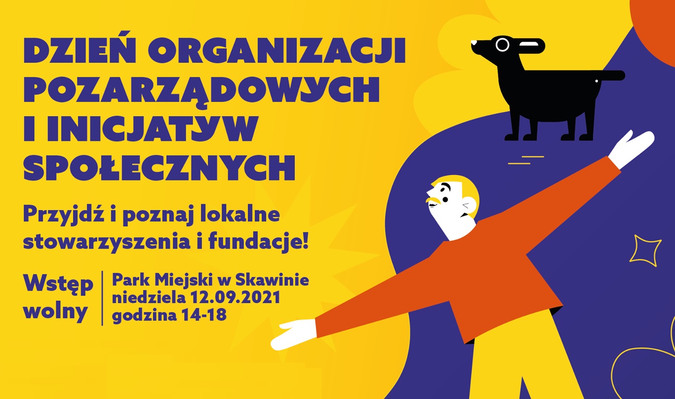 Kolorowa grafika przedstawiająca mężczynzę z otwartyli ramionami i psa oraz napisy: DOPIS: Przyjdź i poznaj lokalne stowarzyszenia i orgnizacje. Wstęp wolny. Pakr miejski, 12 września, godz. 14.00-18.00