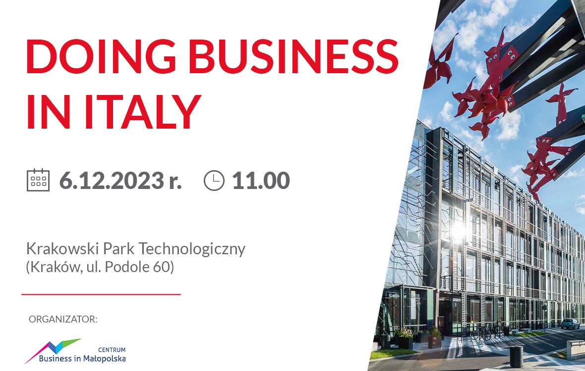 Doing Business in Italy. grafika z zaproszeniem na wydarzenie 6 grudnia w Parku technologicznym w Krakowie.