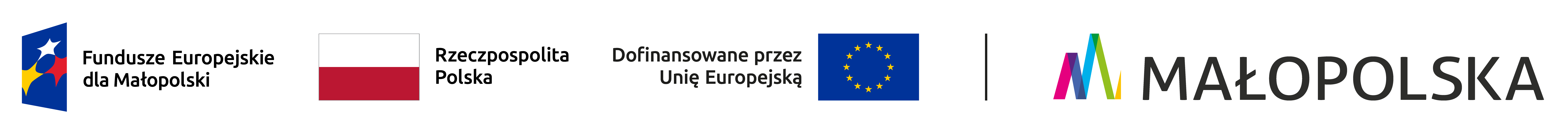 Belka z logotypami: Fundusze Europejskie dla Małopolski, Rzeczpospolita Polska, Dofinansowane przez Unię Europejską, Małopolska