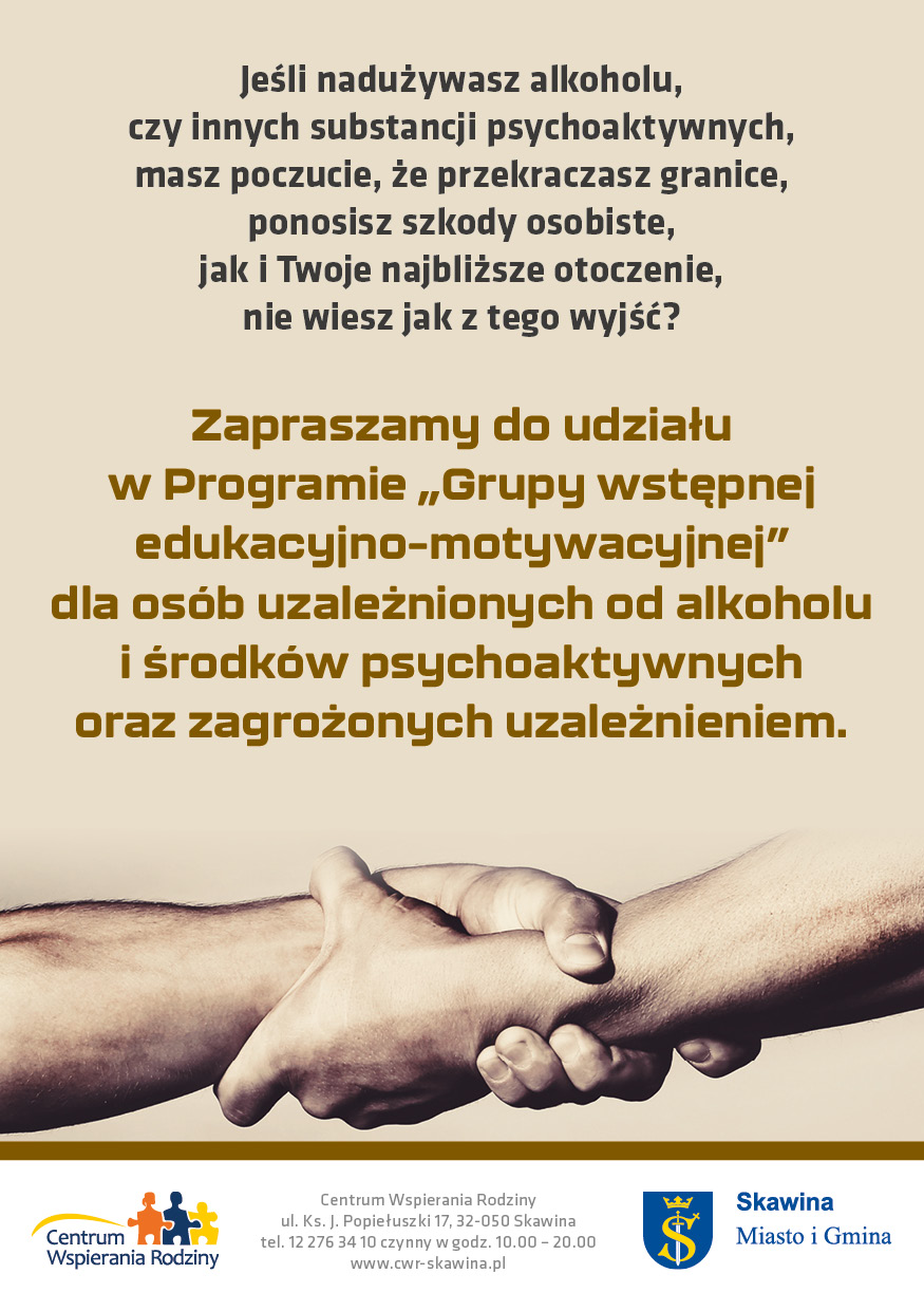Ulotka Programu „Grupy wstępnej edukacyjno – motywacyjnej” dla osób uzależnionych od alkoholu i środków psychoaktywnych oraz zagrożonych uzależnieniem
