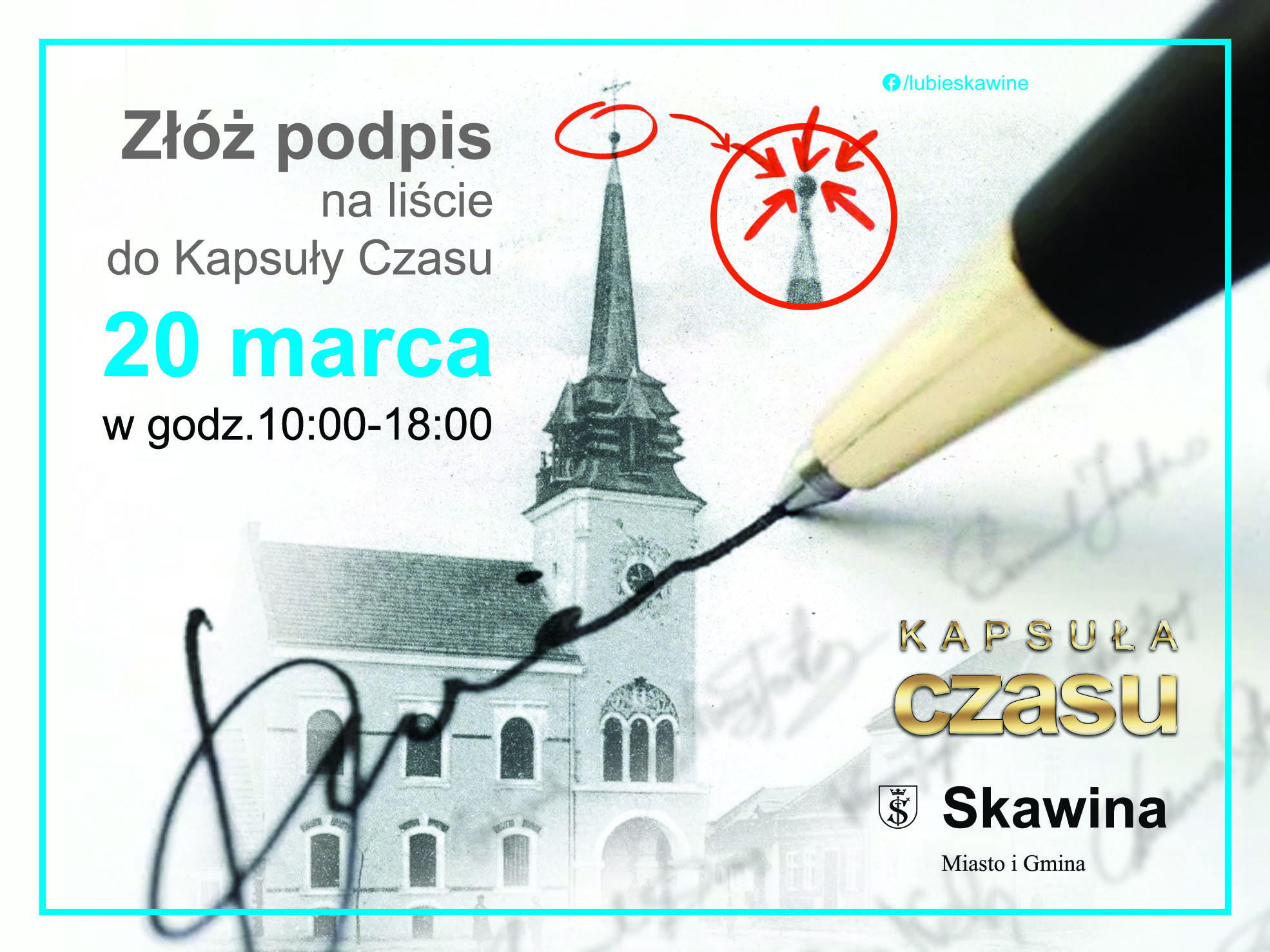 Grafika z ratuszem w tle z tekstem: Złóż podpis na liście do Kapsuły Czasu 20 marca 2025 w godz. 10:00-18:00
