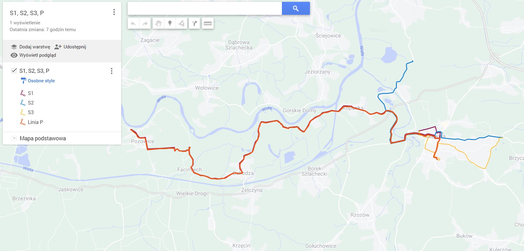 Mapa przestawiająca przebieg tras linii: S1, S2, S3 oraz P