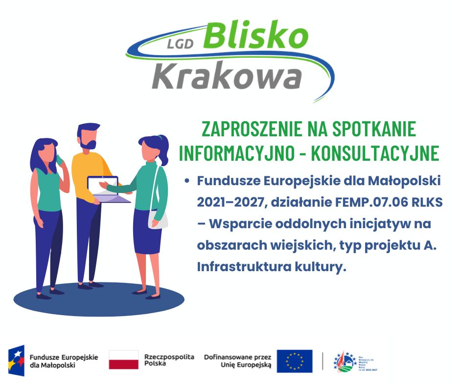 Grafika zawiera informację że spotkanie organizowane przez LGD Blisko Krakowa finansowane jest z Funduszy Europejskich