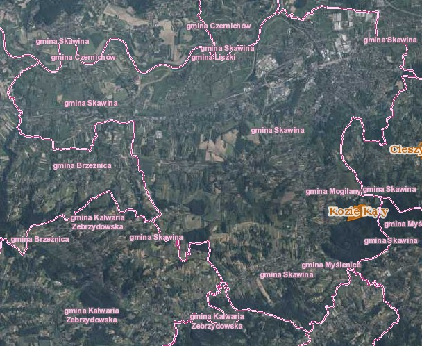 Mapka przedstawiająca położenie rezerwatu przyrody „Kozie Kąty” na terenie Gminy Skawina