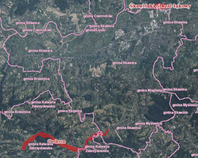 Mapka przedstawiająca położenie obszarów Natura 2000 na terenie gminy Skawina