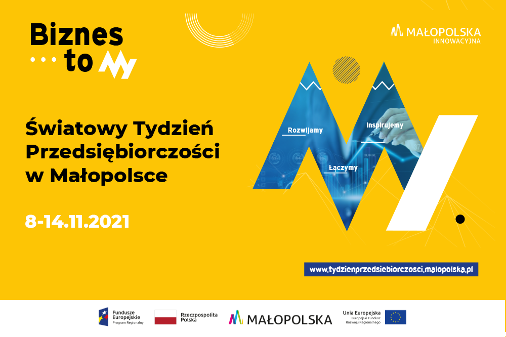 Plakat wydarzenia Światowy Tydzień Przedsiębiorczości w Małopolsce: na grafice nazwa wydarzenia, litera M symbolizująca nazwę województwa oraz adres strony www.tydzienprzedsieborczosci.malopolska.pl.Termin: 8-14 listopada 2021 rok. 