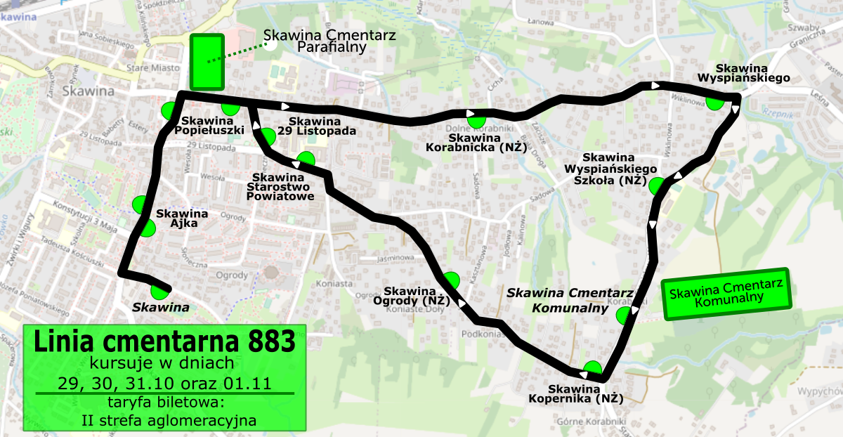 Mapa trasy linii autobusowej 883 