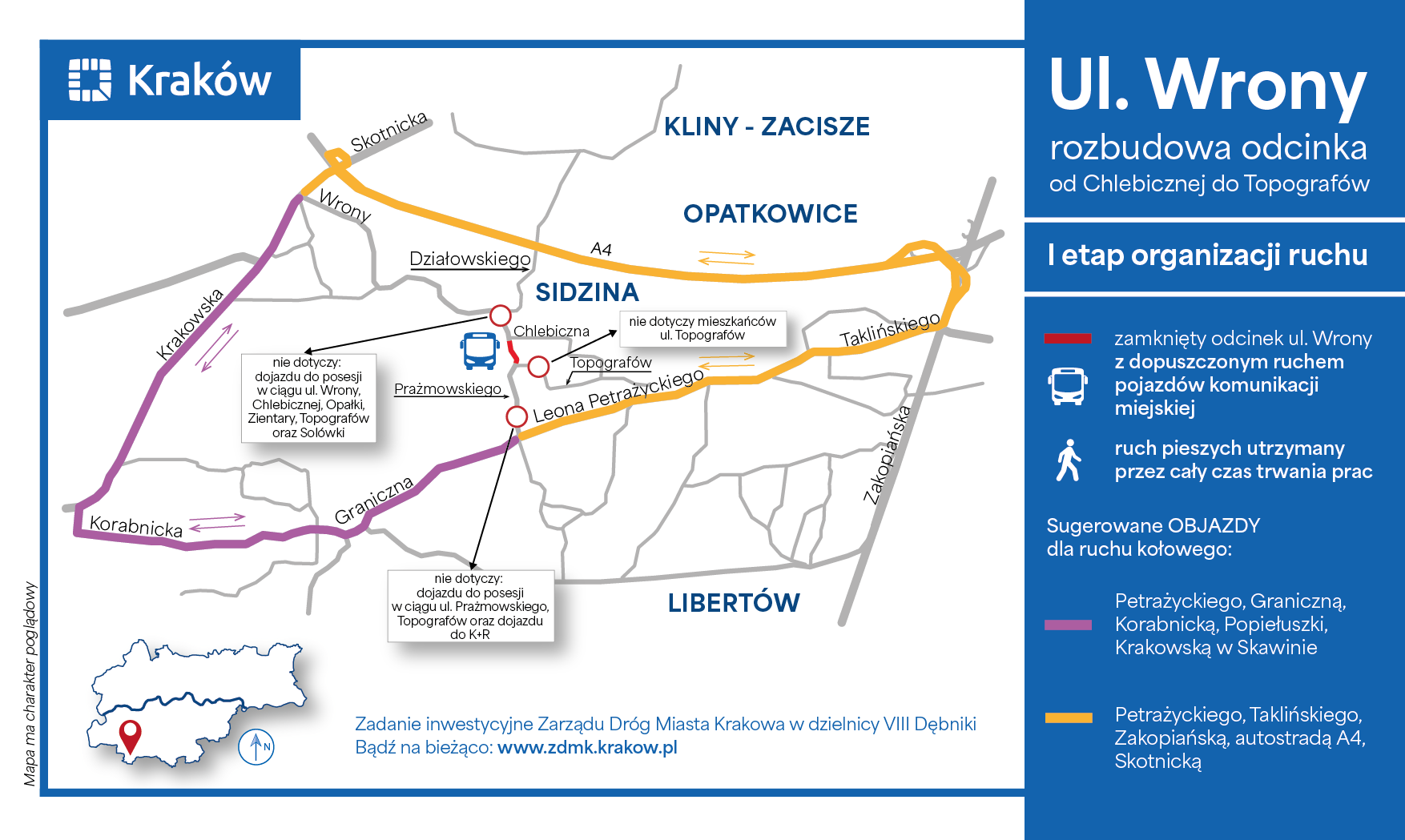 Mapa z objazdem podczas remontu ul. Wrony w Krakowie 