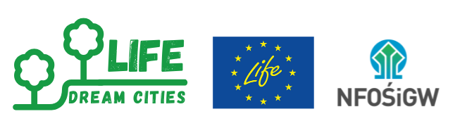 Zdjęcie logotypów projektu LIFE DREAM CITIES, Programu LIFE i Narodowego Funduszu Ochrony Środowiska i Gospodarki Wodnej.