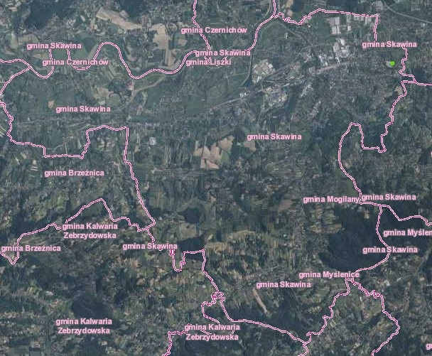 Mapa przedstawiająca położenie ziemowitów na terenie gminy Skawina